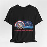 Black t-shirt with a graphic design of a beach scene with a rainbow and text on a white background