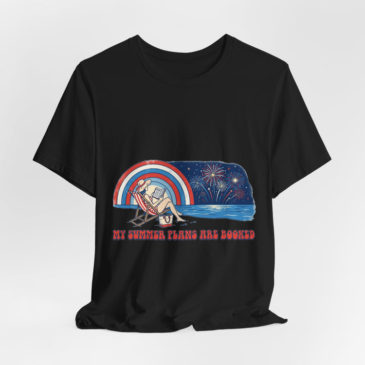 Black t-shirt with a graphic design of a beach scene with a rainbow and text on a white background