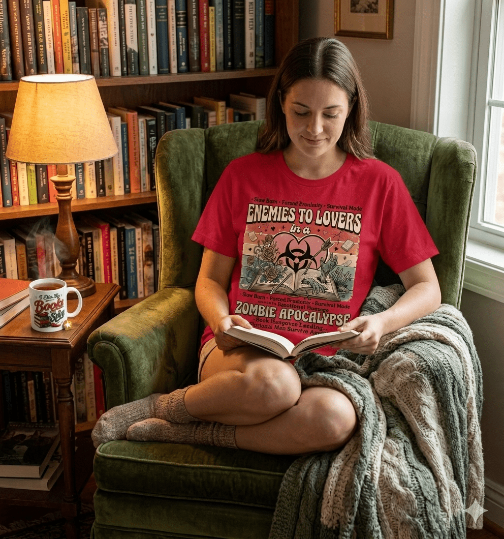 Enemies to Lovers Zombie Apocalypse bookish graphic t-shirt for romance readers, BookTok fans, and lovers of quirky fiction.