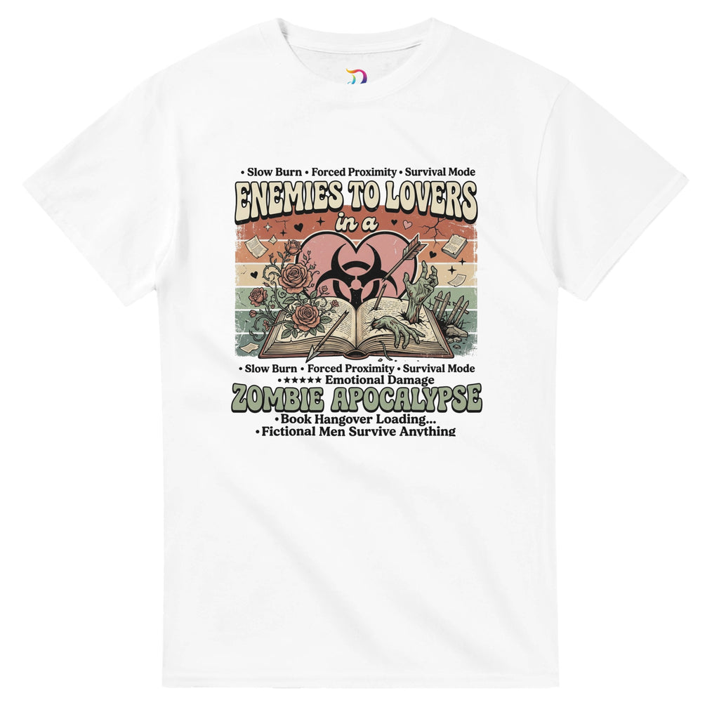 Enemies to Lovers Zombie Apocalypse bookish graphic t-shirt for romance readers, BookTok fans, and lovers of quirky fiction.