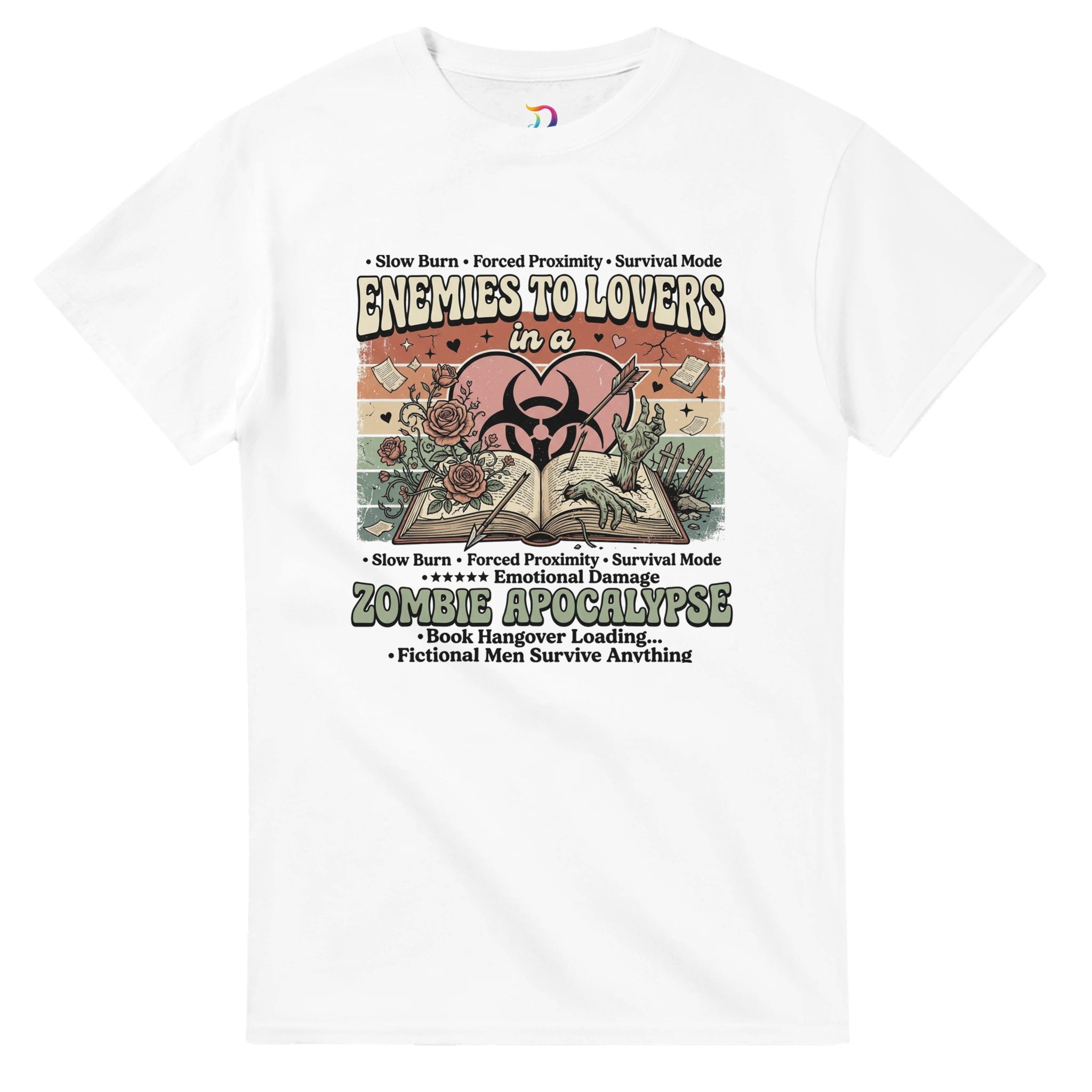Enemies to Lovers Zombie Apocalypse bookish graphic t-shirt for romance readers, BookTok fans, and lovers of quirky fiction.