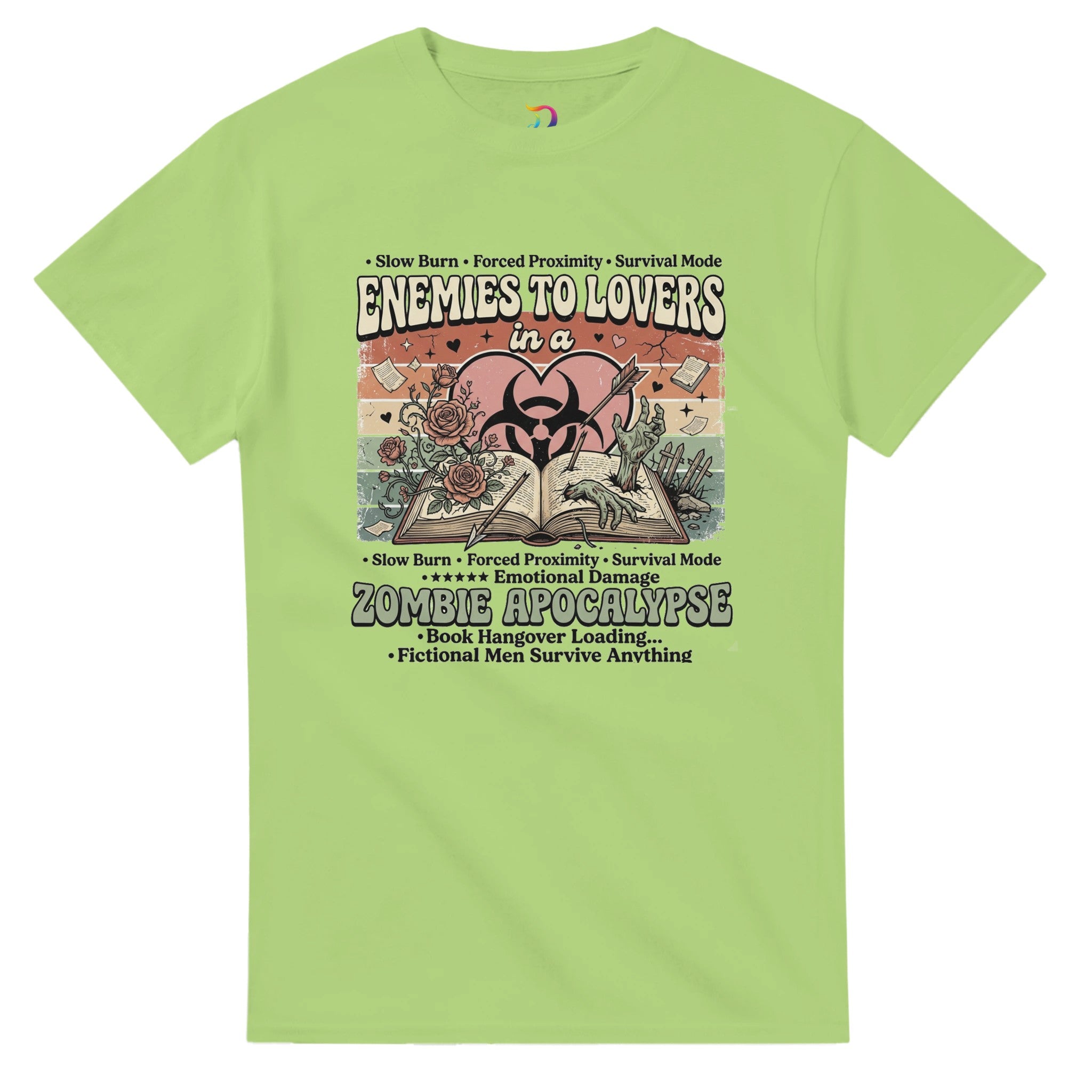 Enemies to Lovers Zombie Apocalypse bookish graphic t-shirt for romance readers, BookTok fans, and lovers of quirky fiction.