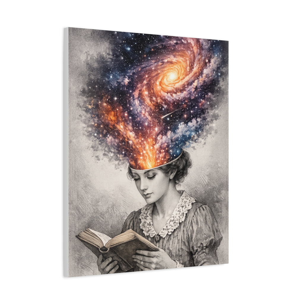 Canvas art of a vintage reader with a glowing galaxy and stars swirling from her mind above an open book.