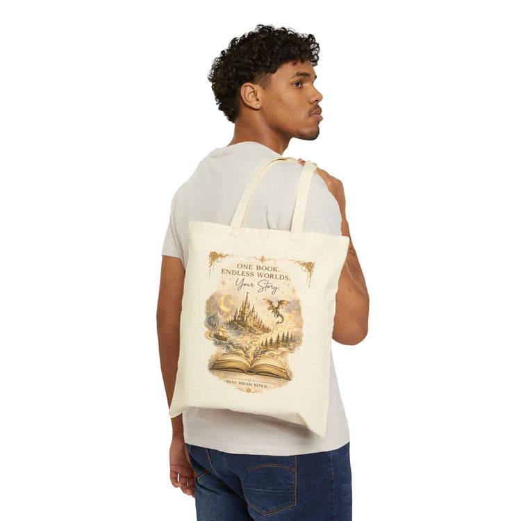 Fantasy Luxe Book Lover Tote Bag | One Book Endless Worlds Library Canvas Tote - Dogear Dreams