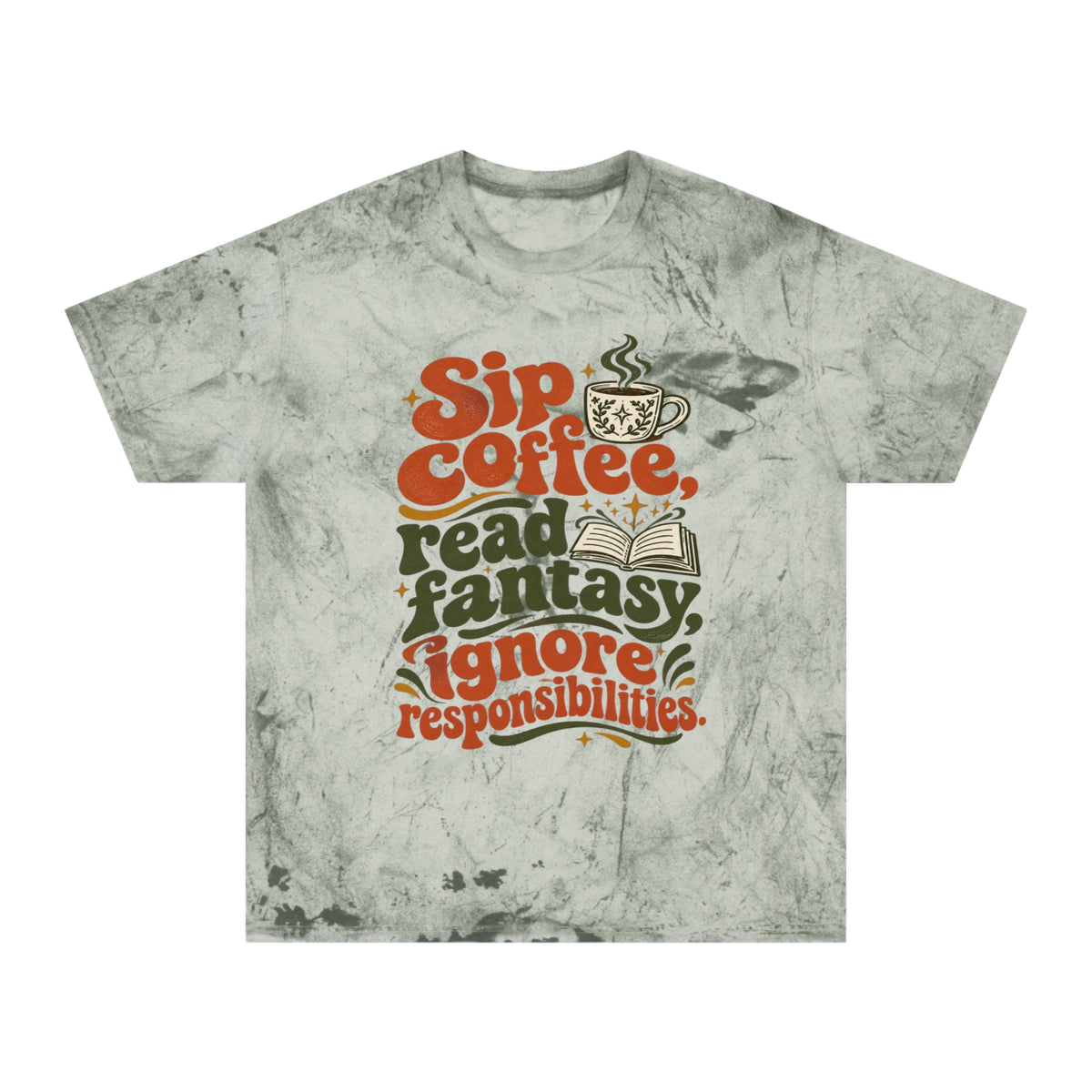 A short-sleeve crewneck t-shirt with a distressed, mineral-washed gray-green texture. The front features a retro-style graphic with the text &