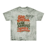 A short-sleeve crewneck t-shirt with a distressed, mineral-washed gray-green texture. The front features a retro-style graphic with the text &
