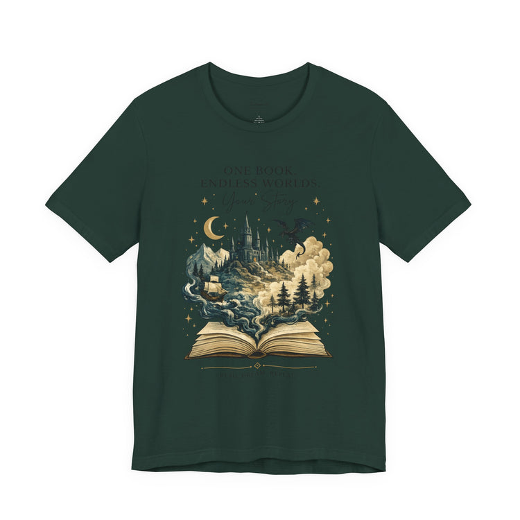 One Book. Endless Worlds | Original Fantasy Book Lover Graphic Tee | Fantasy Reader Shirt | Dragon Book Tee | Literary Gift - Dogear Dreams