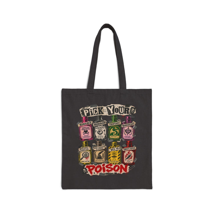 A black canvas tote bag with long handles, featuring a colorful graphic print of various poison bottles and the text &