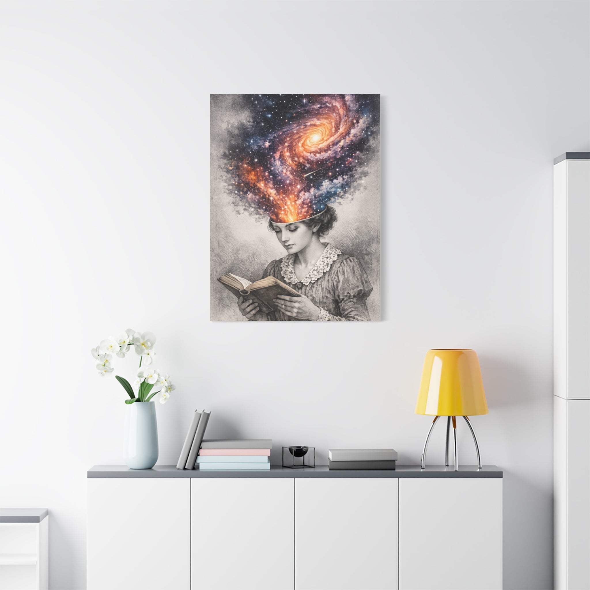 Canvas art of a vintage reader with a glowing galaxy and stars swirling from her mind above an open book.