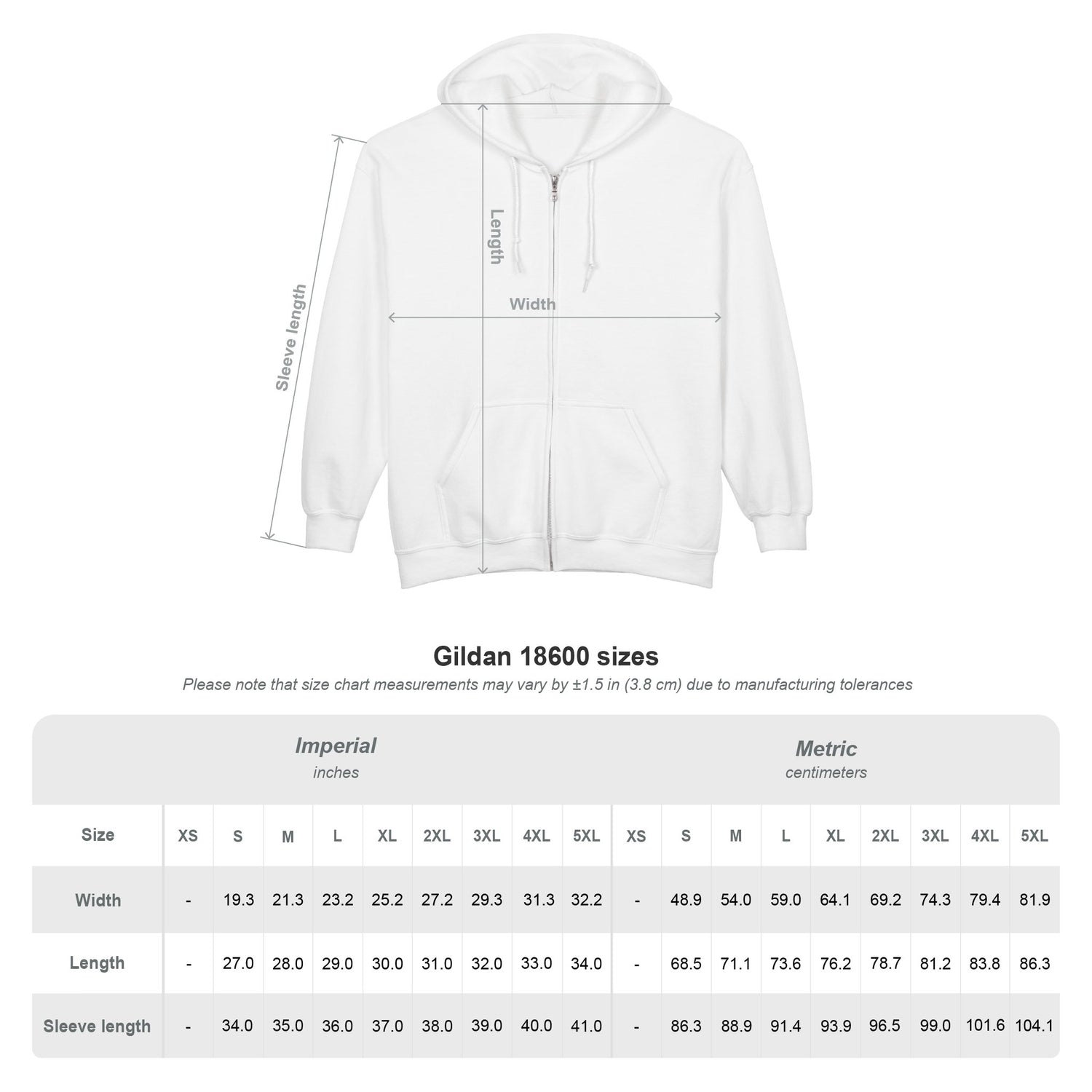 White hoodie with measurement chart on a white background