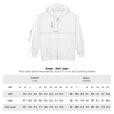 White hoodie with measurement chart on a white background
