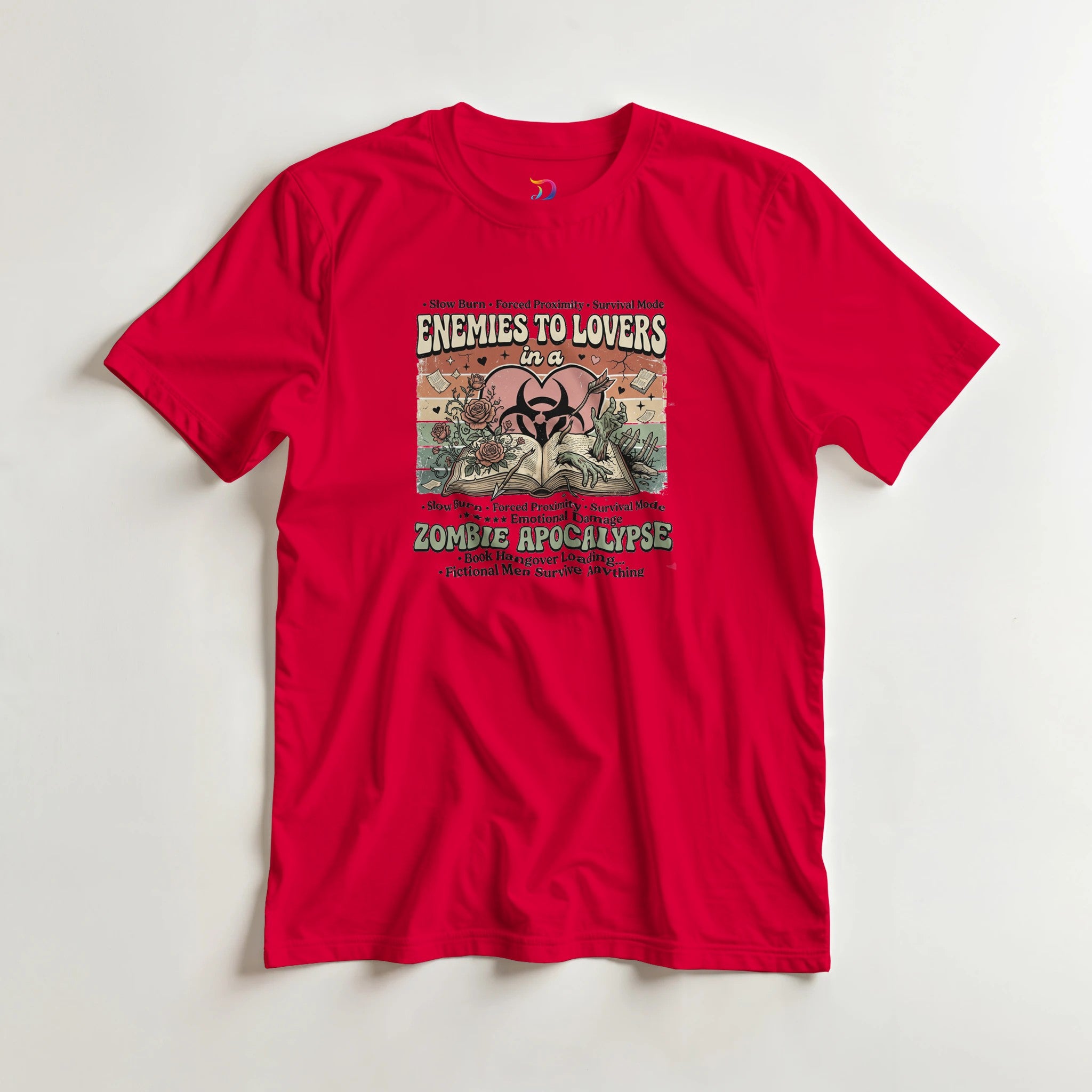 Enemies to Lovers Zombie Apocalypse bookish graphic t-shirt for romance readers, BookTok fans, and lovers of quirky fiction.