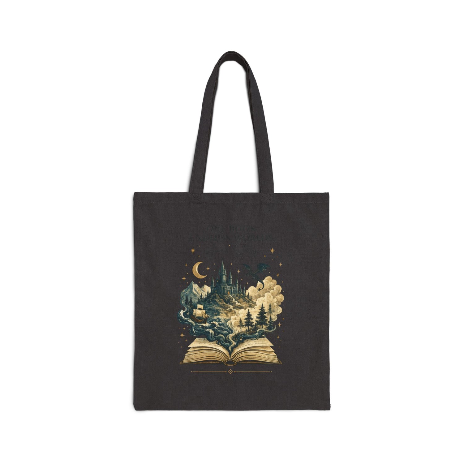 Book Lovers Tote Bag – "One Book Endless Worlds" Fantasy Canvas Book Tote - Dogear Dreams