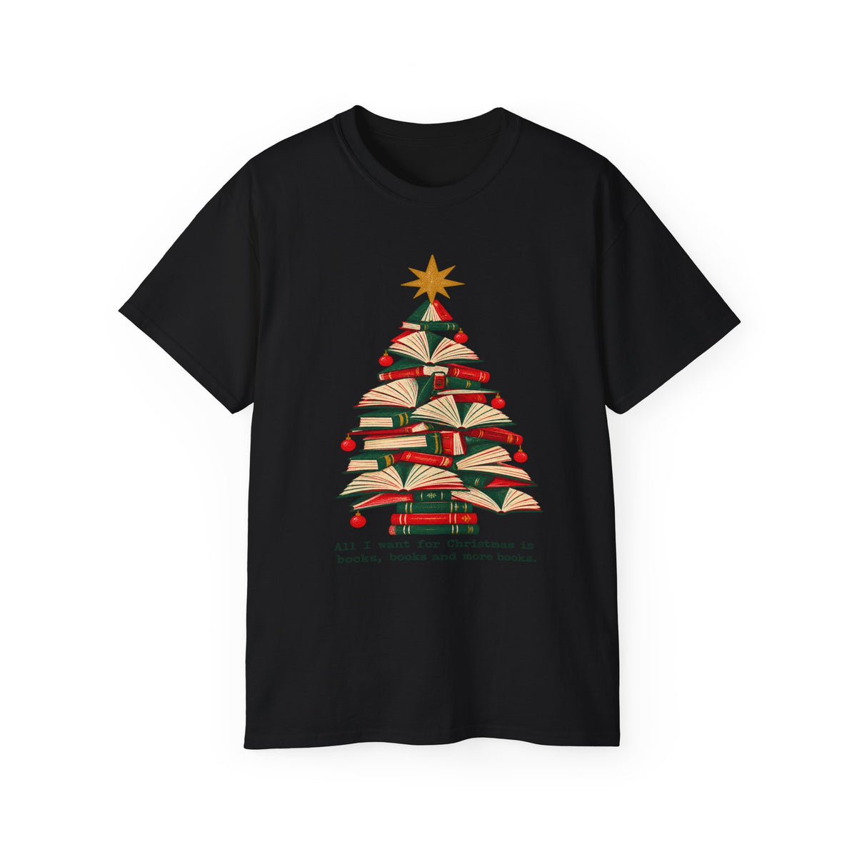 A black short-sleeve crewneck t-shirt featuring a large Christmas Tree, displayed against a solid white background.