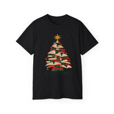A black short-sleeve crewneck t-shirt featuring a large Christmas Tree, displayed against a solid white background.