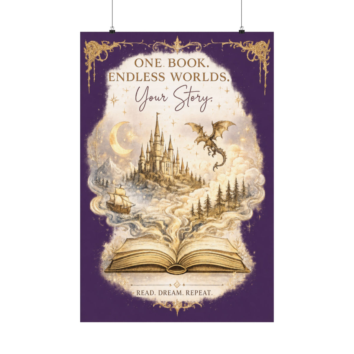 ✨ One Book. Endless Worlds. Your Story. | Fantasy Luxe Matte Poster - Dogear Dreams