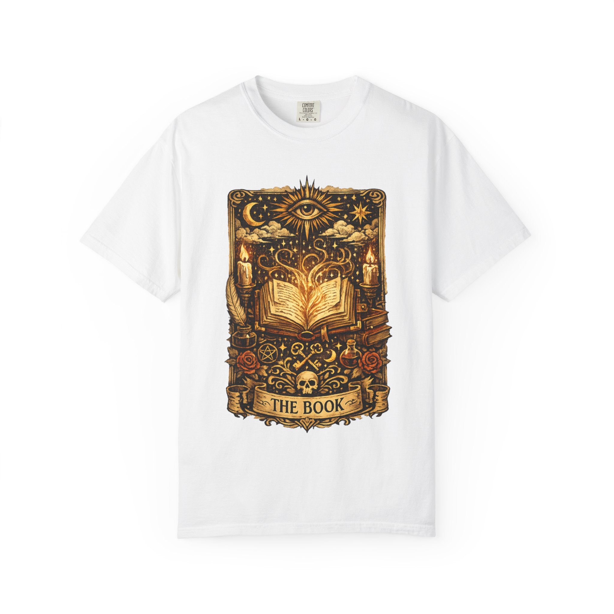 White t-shirt with a gold and black graphic design on a white background