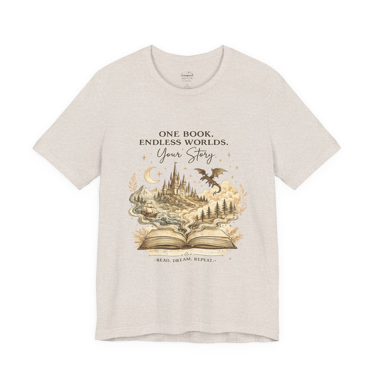 Book Lover Tee — "One Book. Endless Worlds. Your Story." Fantasy Novel Graphic Shirt - Dogear Dreams