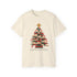 An off-white short-sleeve crewneck t-shirt featuring a graphic of a Christmas tree made of stacked books with a gold star on top and the text &