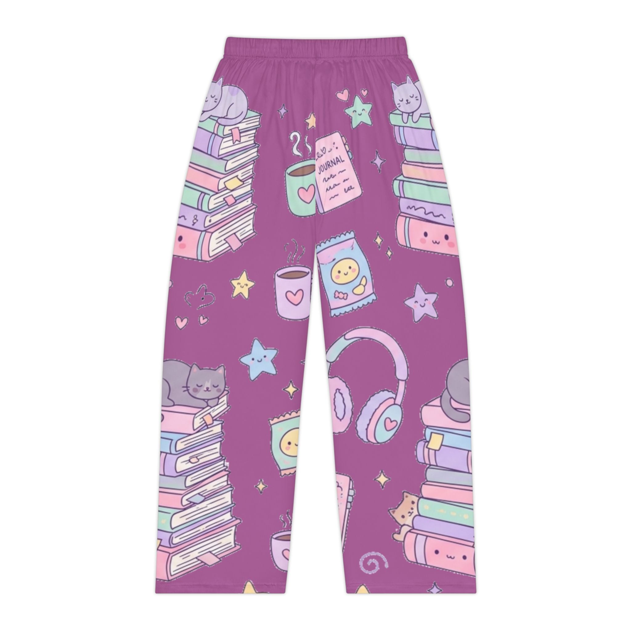 Cozy Reading Pajama Pants — Pastel Books, Cats & Tea All-Over Print