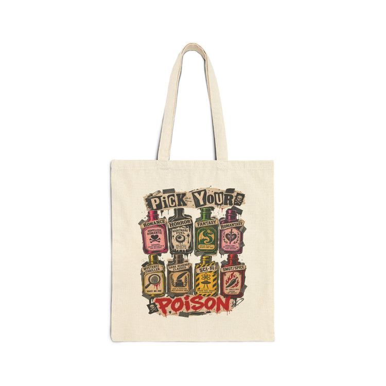 An off-white canvas tote bag with a graphic print featuring the text &
