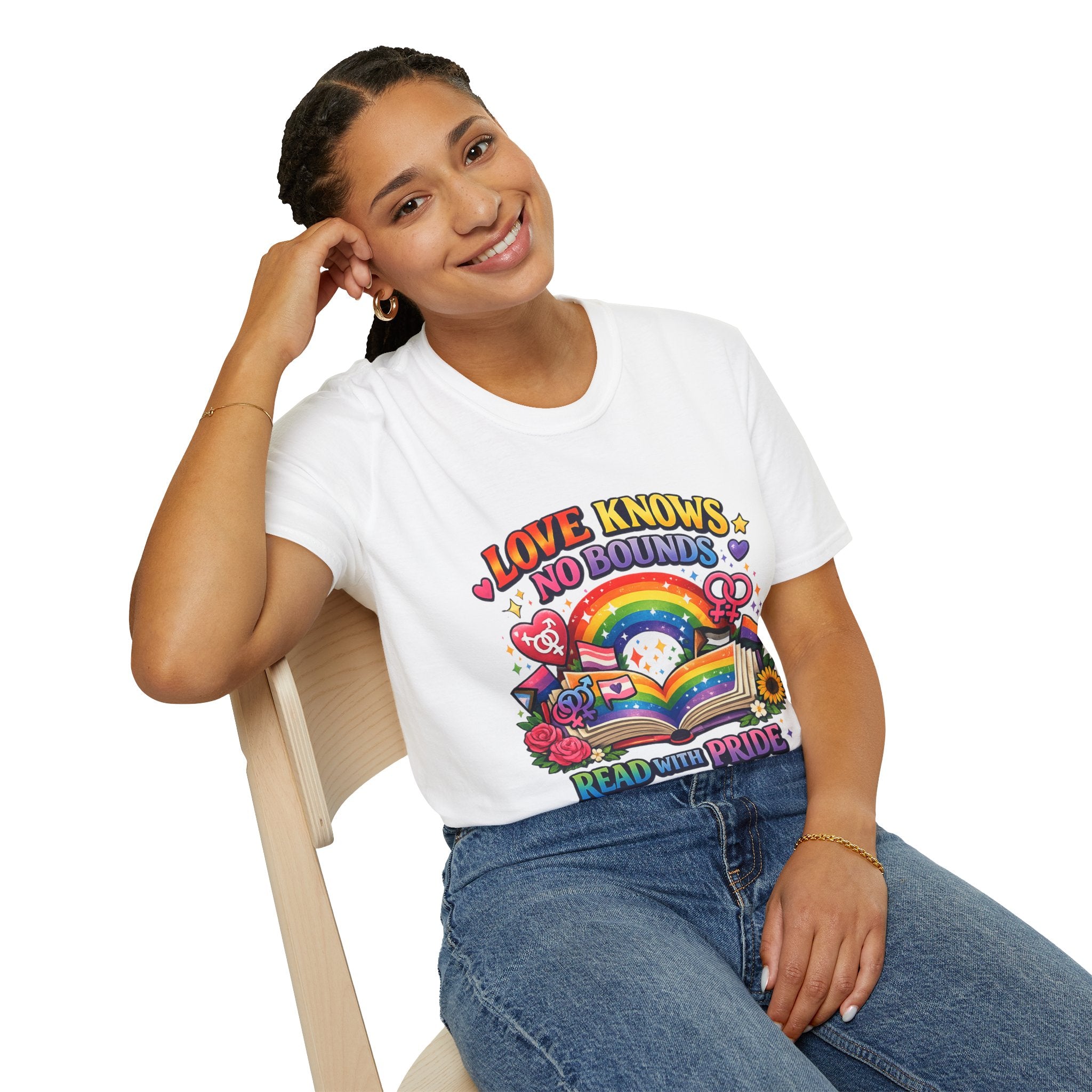 LGBTQ+ book lover tee with rainbow book, pride symbols, and "Love Knows No Bounds, Read With Pride" text.