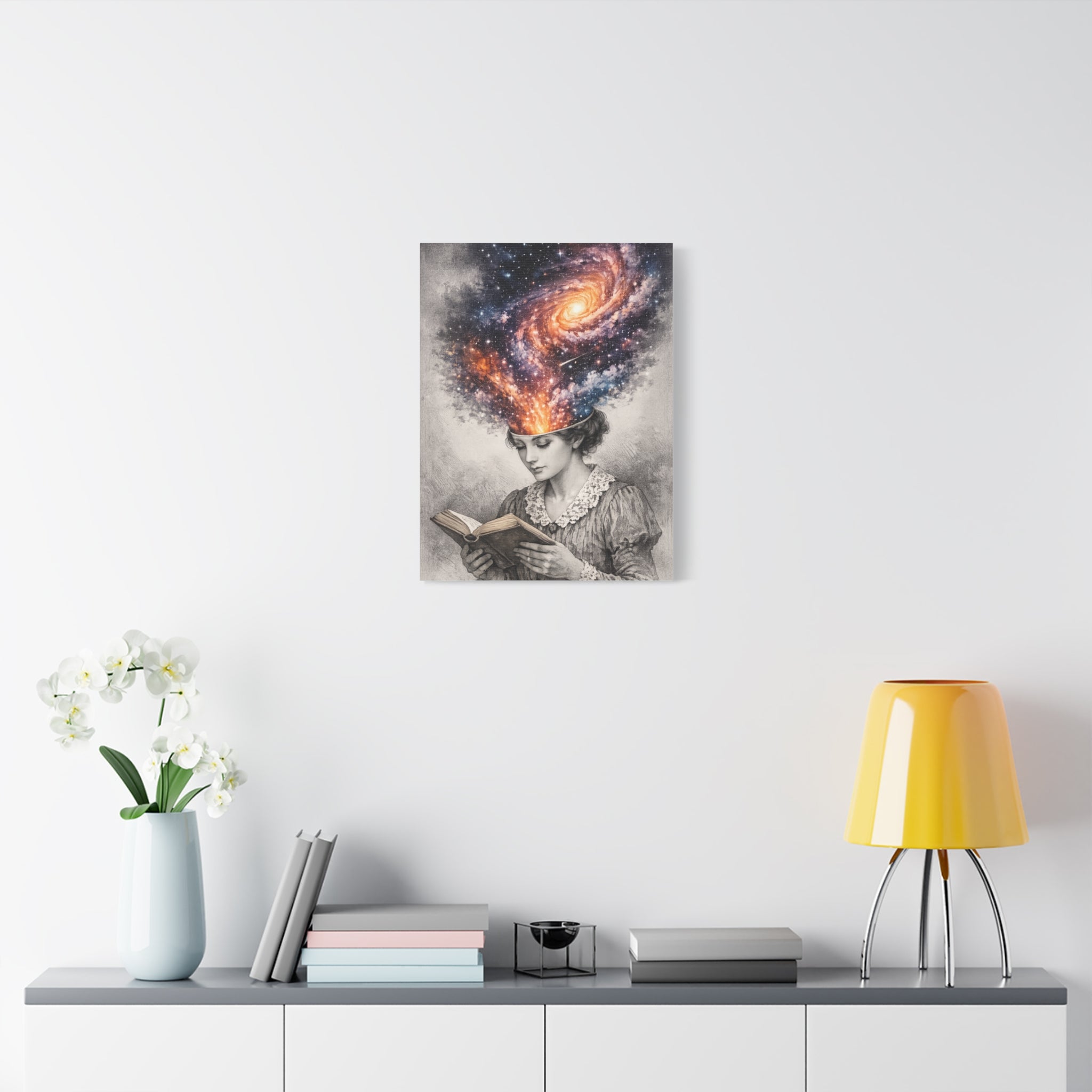 Canvas art of a vintage reader with a glowing galaxy and stars swirling from her mind above an open book.