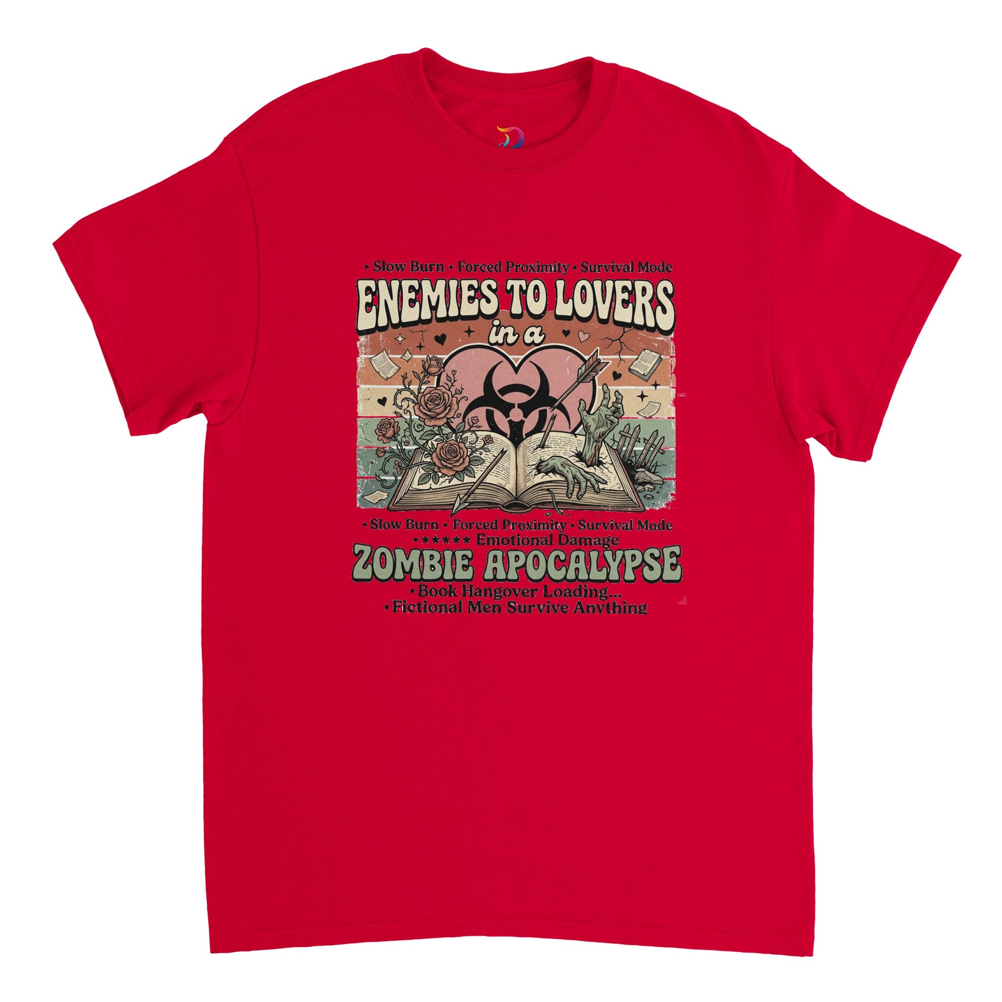 Enemies to Lovers Zombie Apocalypse bookish graphic t-shirt for romance readers, BookTok fans, and lovers of quirky fiction.