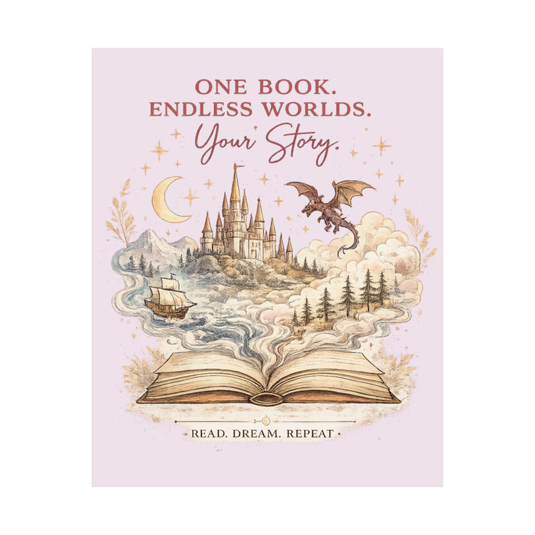 One Book Endless Worlds Fantasy Wall Art | Book Lover Poster | Magical Castle & Dragon Print | Reading Nook Decor | Bookish Gift - Dogear Dreams