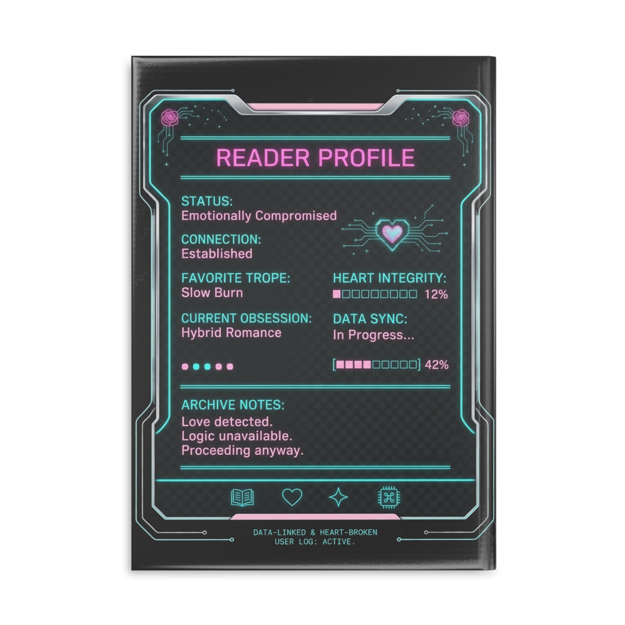 Hardcover notebook featuring a cozy sci-fi romance design, ideal for BookTok readers and hybrid romance fans.