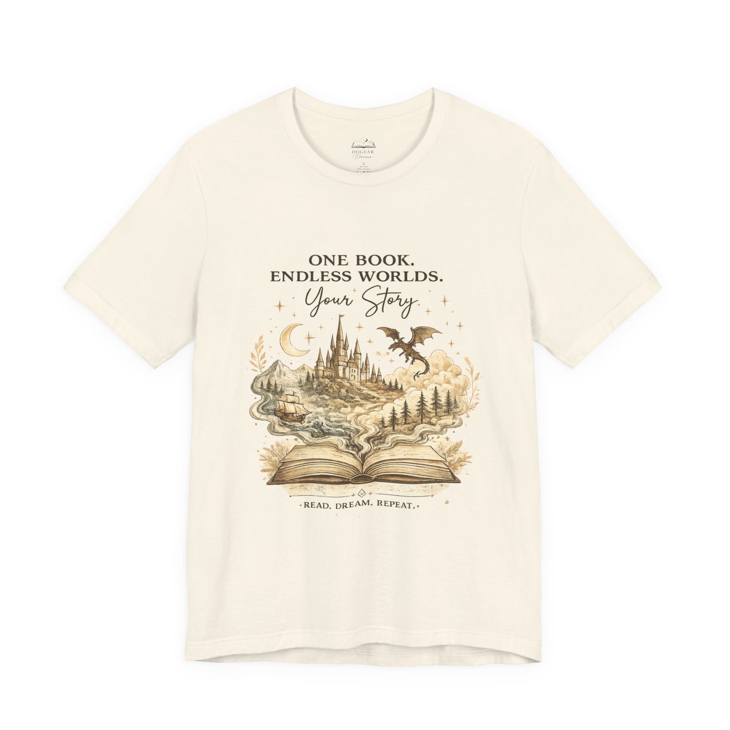 Book Lover Tee — "One Book. Endless Worlds. Your Story." Fantasy Novel Graphic Shirt - Dogear Dreams