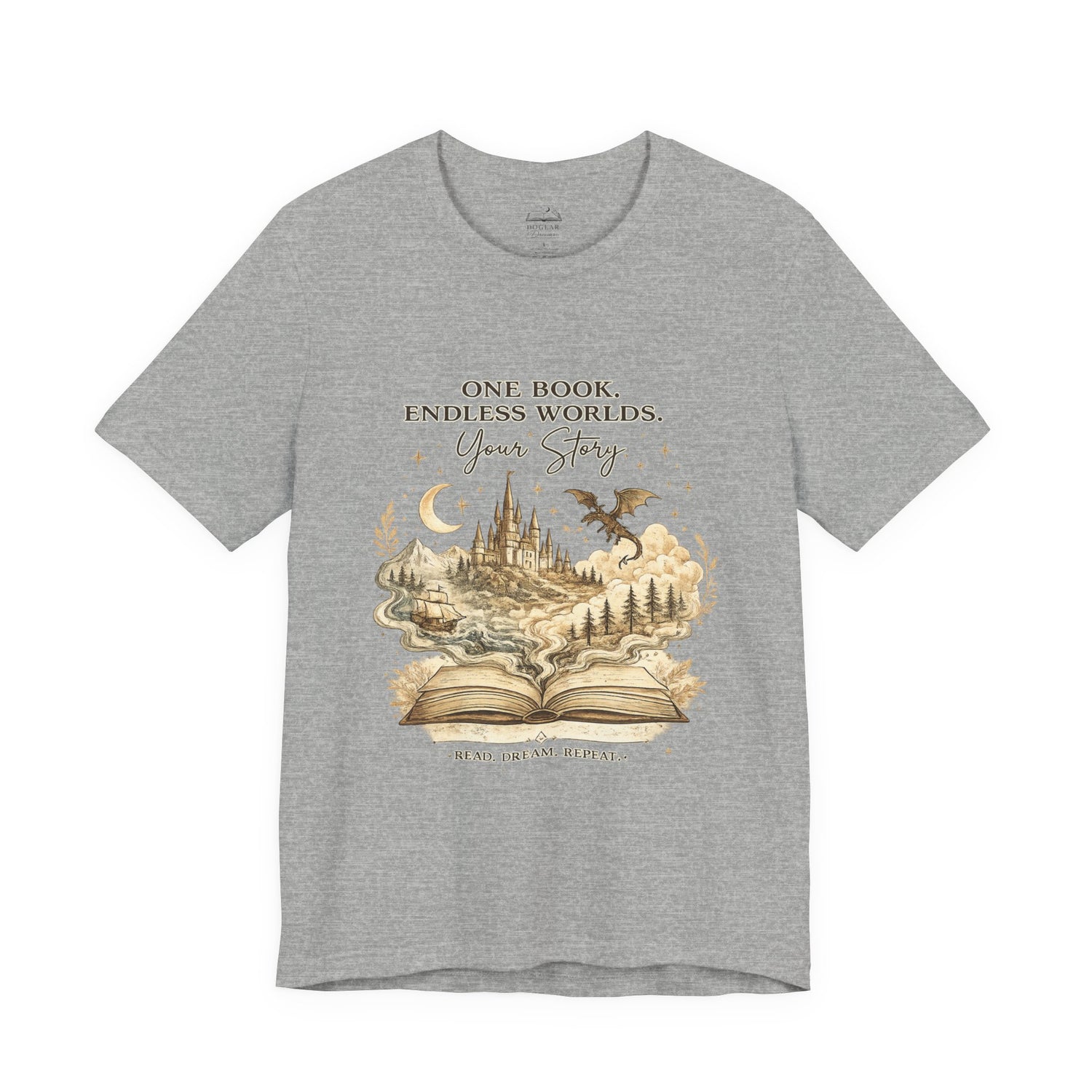 Book Lover Tee — "One Book. Endless Worlds. Your Story." Fantasy Novel Graphic Shirt - Dogear Dreams