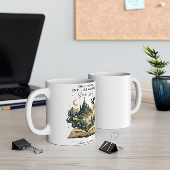 Fantasy Book Lover Ceramic Mug — "Meet Me Where Our Worlds Collide" Illustration (11oz, 15oz) - Dogear Dreams