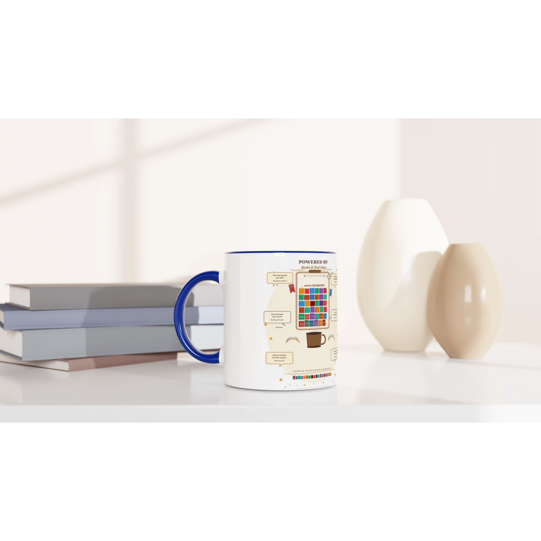 Powered by Books and Dad Jokes Ceramic Coffee Mug - 11oz Novelty Mug - Designity