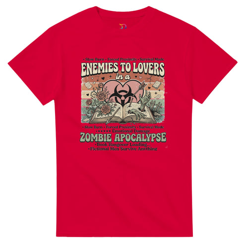 Enemies to Lovers Zombie Apocalypse bookish graphic t-shirt for romance readers, BookTok fans, and lovers of quirky fiction.