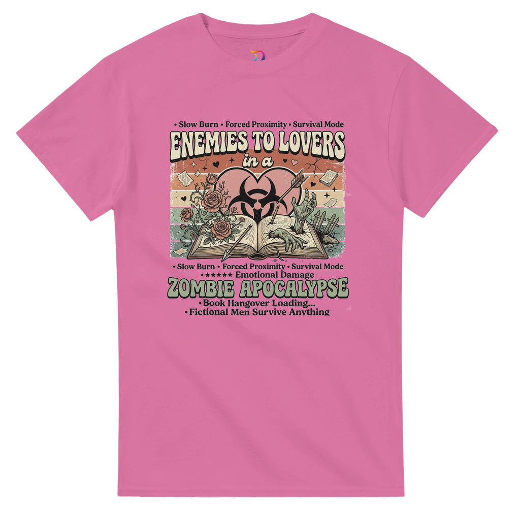 Enemies to Lovers Zombie Apocalypse bookish graphic t-shirt for romance readers, BookTok fans, and lovers of quirky fiction.