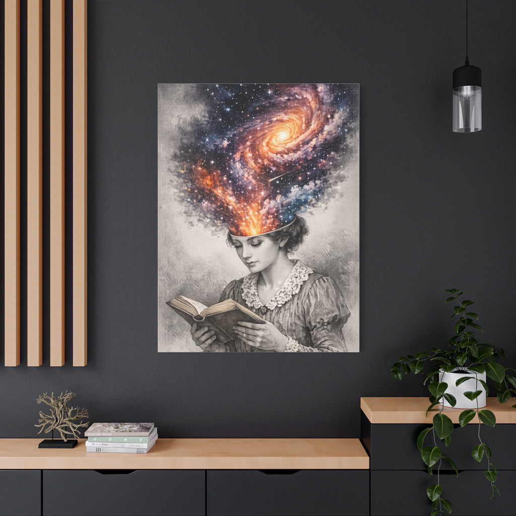 Canvas art of a vintage reader with a glowing galaxy and stars swirling from her mind above an open book.