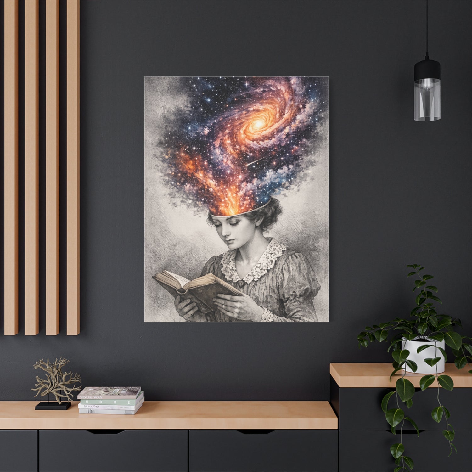 Canvas art of a vintage reader with a glowing galaxy and stars swirling from her mind above an open book.