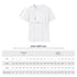 White t-shirt with size chart measurements on a white background