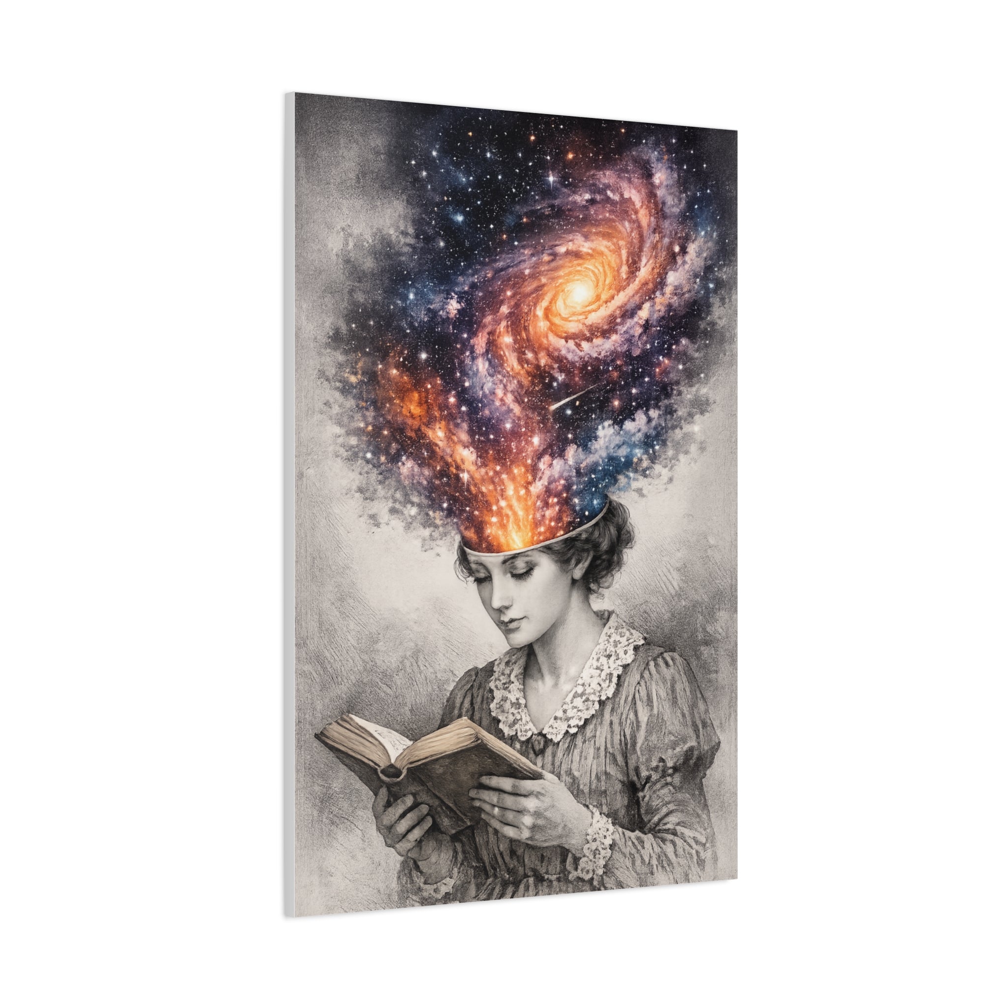 Canvas art of a vintage reader with a glowing galaxy and stars swirling from her mind above an open book.