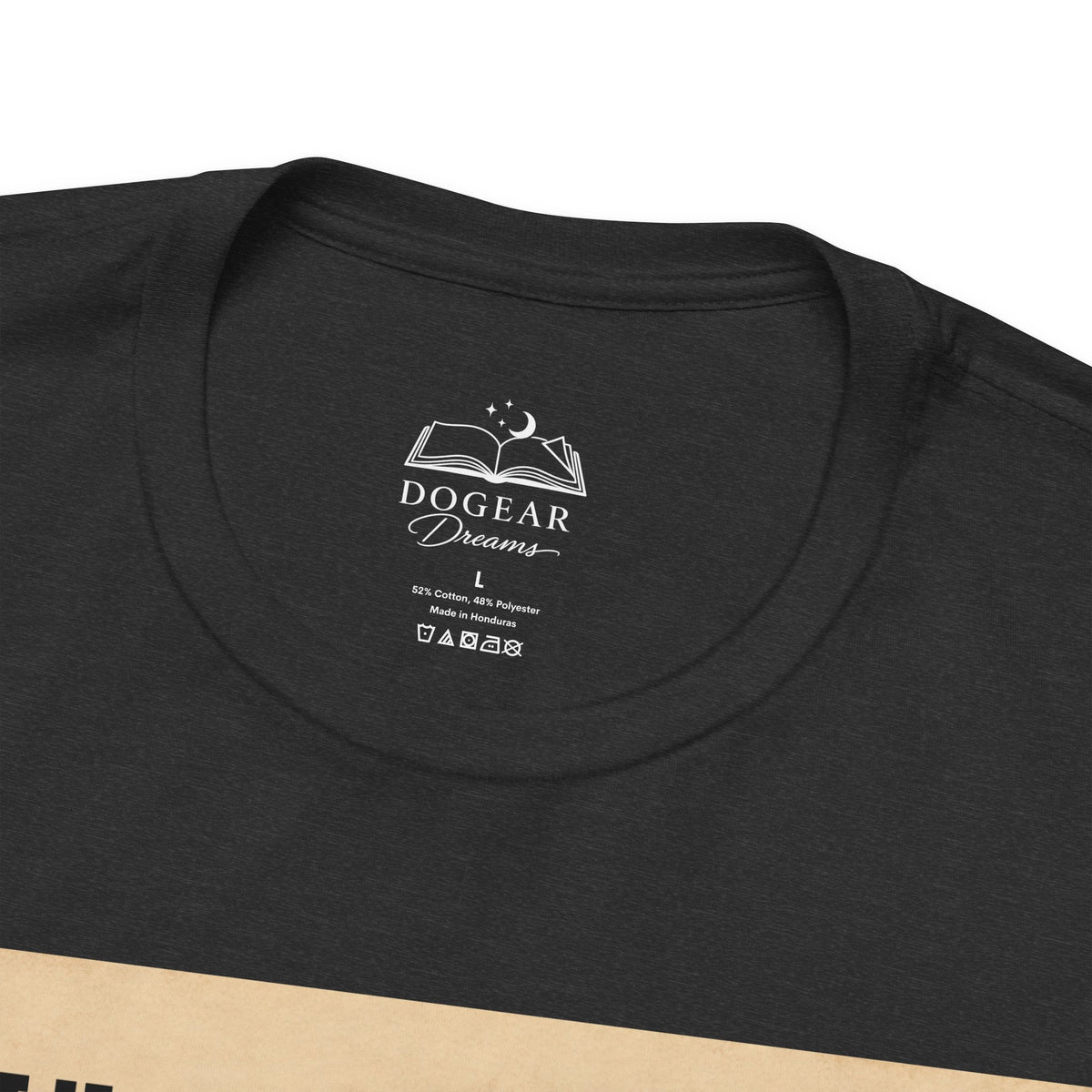 Close-up of a black short-sleeve t-shirt showing the inner neck label with a white printed logo that reads &