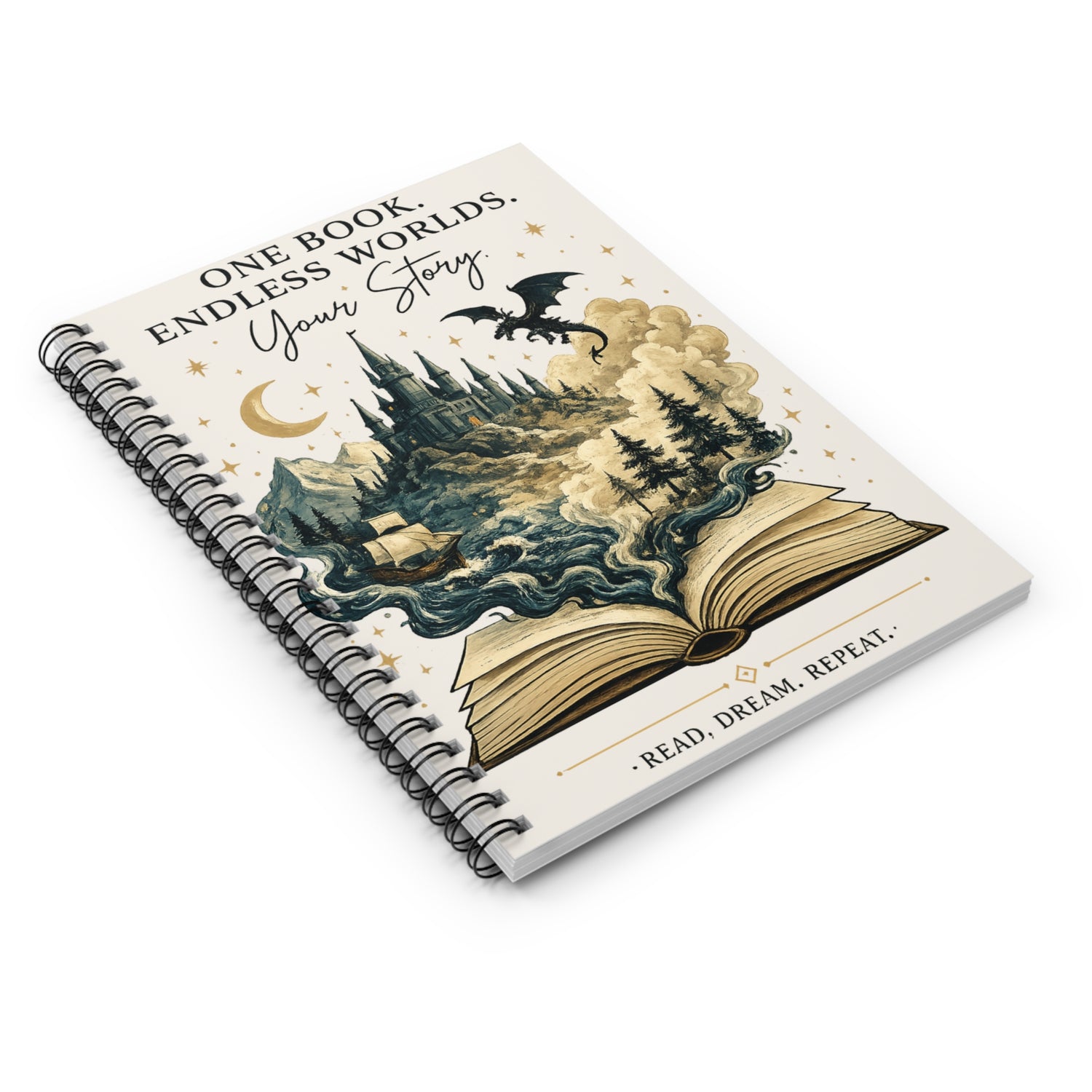 One Book. Endless Worlds. Your Story. | Original Fantasy Spiral Notebook - Dogear Dreams