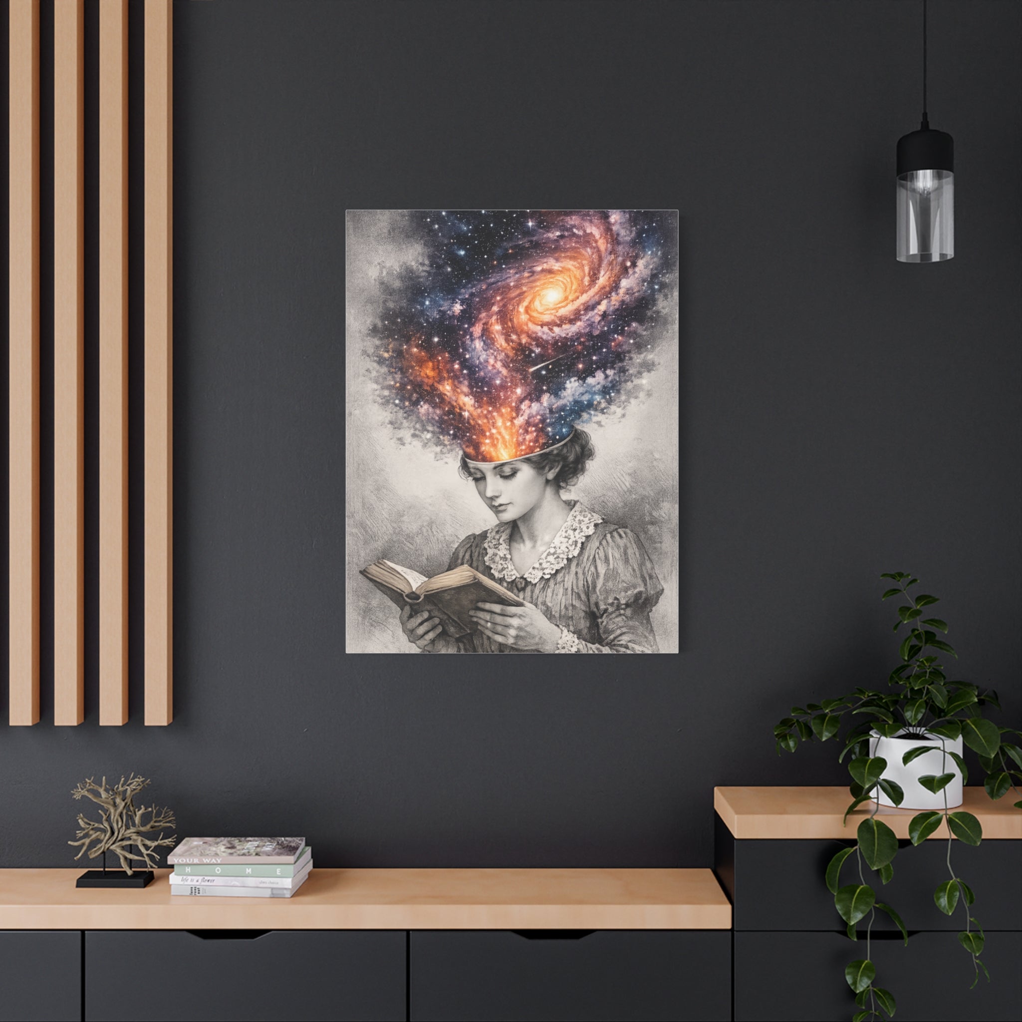 Canvas art of a vintage reader with a glowing galaxy and stars swirling from her mind above an open book.