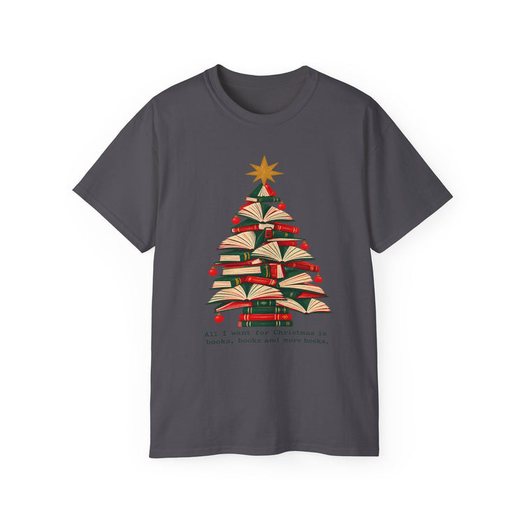 A dark gray crewneck t-shirt featuring a graphic of a Christmas tree made of stacked books in red, green, and cream, topped with a gold star and the quote &