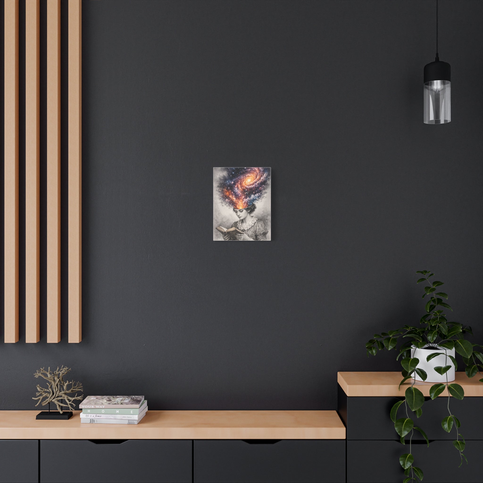 Canvas art of a vintage reader with a glowing galaxy and stars swirling from her mind above an open book.