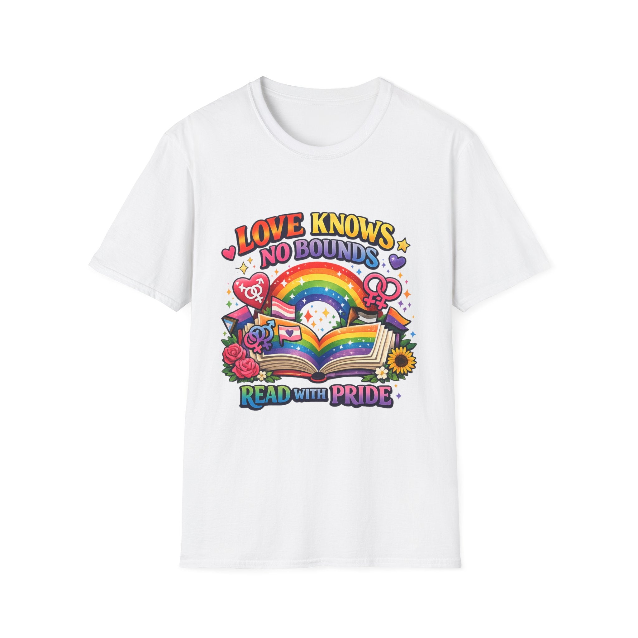 LGBTQ+ book lover tee with rainbow book, pride symbols, and "Love Knows No Bounds, Read With Pride" text.