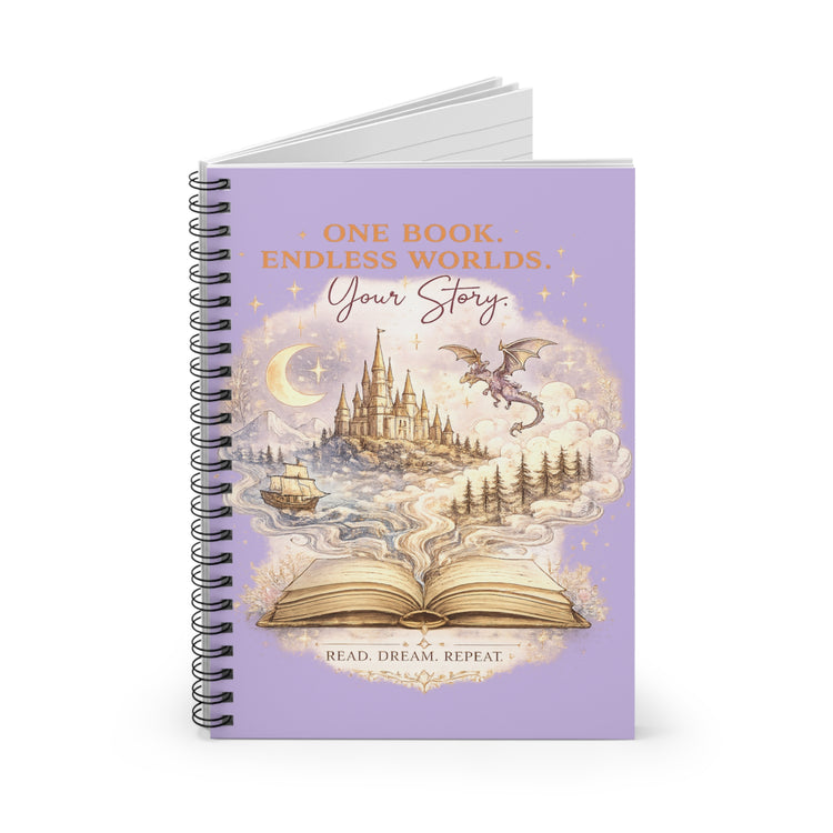 Kawaii Fantasy Book Lover Spiral Notebook | One Book Endless Worlds Spiral Notebook for Book Lovers - Dogear Dreams