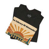 A folded black t-shirt with a vintage-style graphic print of &