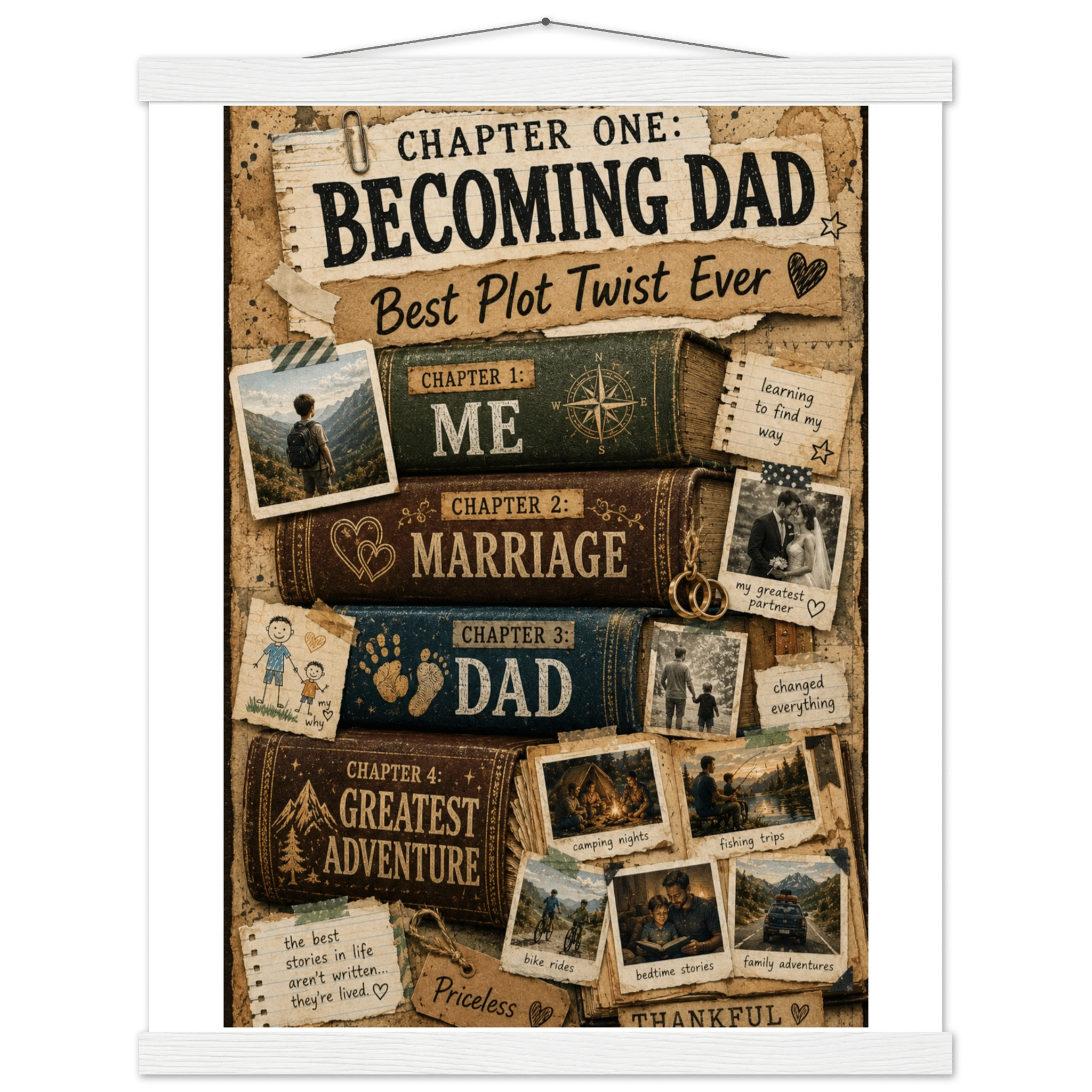 Vintage Book Spines Family Story Poster with Pine Wood Hanger - Designity