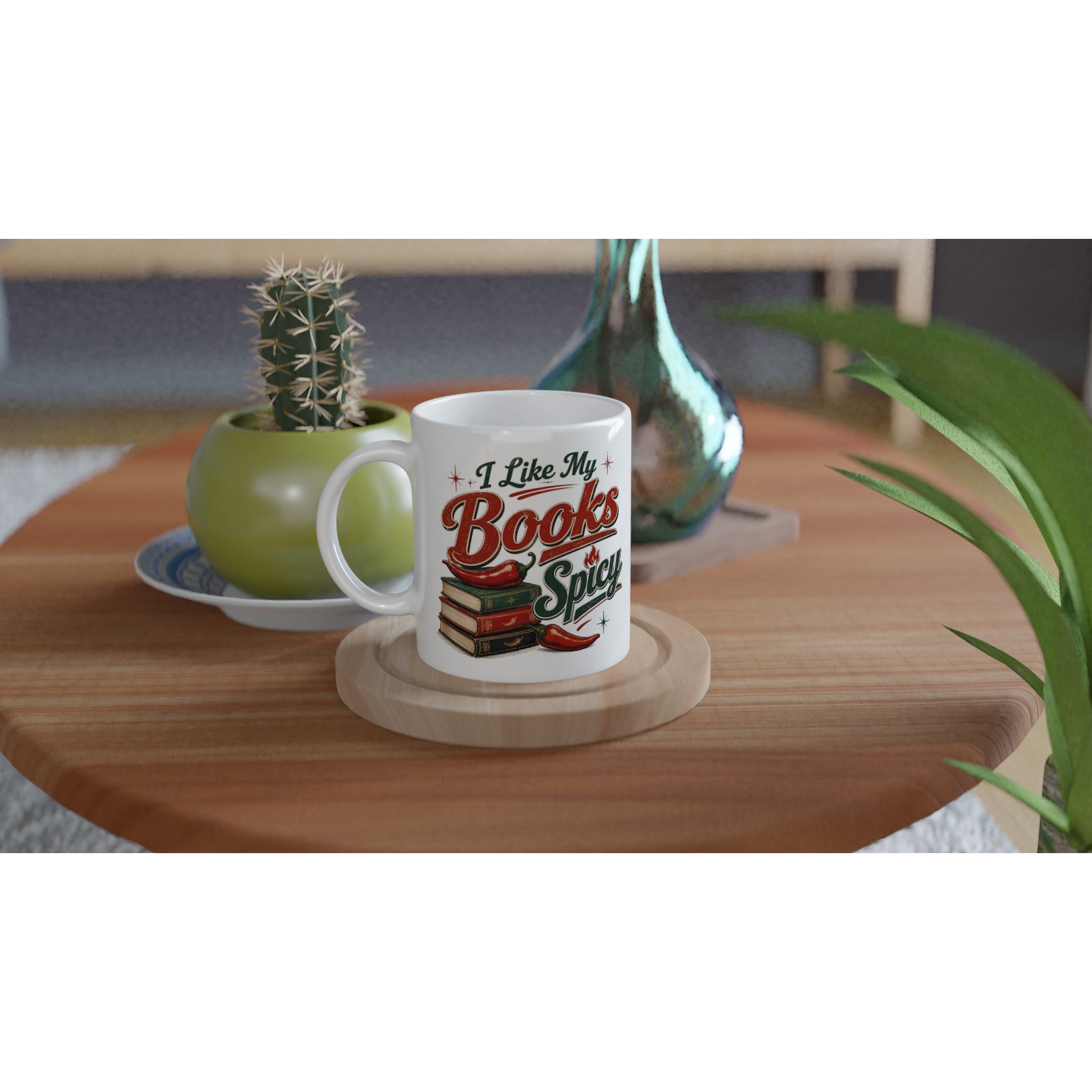 I Like My Books Spicy mug with chili peppers and books, perfect for romance readers and BookTok fans.
